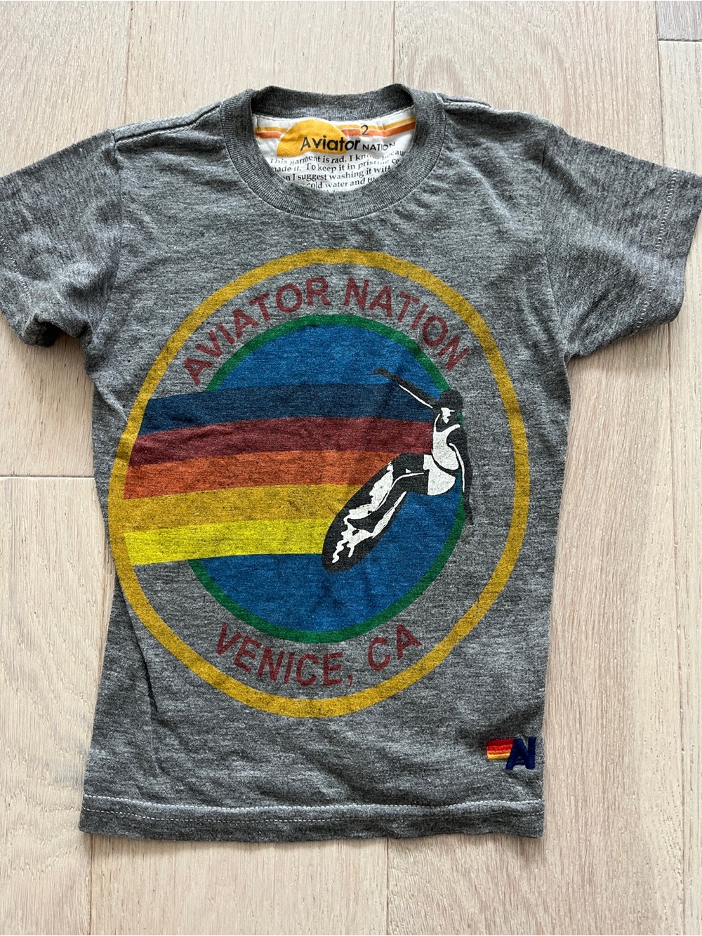 Aviator Nation Grey Tee with Rainbow Seal Graphic